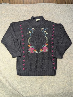 Винтажный женский вязаный свитер LL BEAN из черного хлопка размер XL с цветочной вышивкой 90-е - Изображение 1 из 4