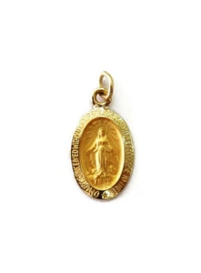 14K Yellow Gold Oval Virgin Mary Miraculous Medal Charm Necklace Pendant - Picture 1 of 5
