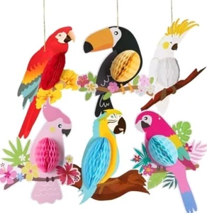 6pcs Tropical Birds Hanging Parrot Paper Colorful Honeycomb Hawaiian Party Decor - Picture 1 of 2