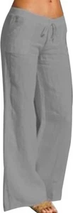 Rushaibar Womens Linen Lounge Pants High Waist Drawstring Loose Fit Large Grey - Picture 1 of 6