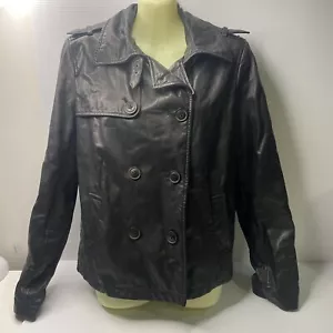 Womens GAP Leather Jacket Size L Black Coat Lined Peacoat Double Breasted Work - Foto 1 di 8