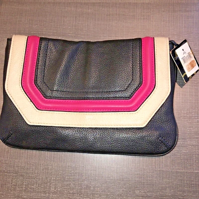 Сумка через плечо Milly мягкий черный кожаный клатч розовый кости полоски ремень молнии 11 x 7" - Изображение 1 из 4