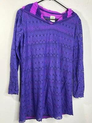 Túnica de corte láser púrpura Title Nine para nadar playa cubrir encaje vestido con capucha mediano Foto 1 de 4