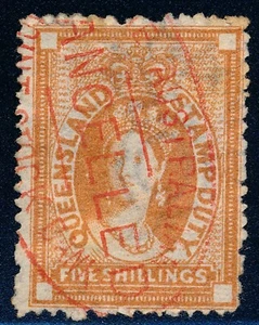 Australia - 1873 Queensland 5/ Duty Stamp, rev cancel BF31, AR23 perf 13 - Picture 1 of 4