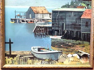 STAN Zuckerberg SEASIDE PAINTING Boat HARBOR on WOOD Dock signed 9" x 12" ORIGIN - Picture 1 of 23