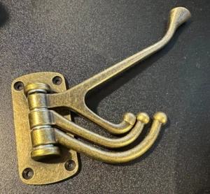 Antique Brass Triple Swivel Swing Coat Hooks Wall Mounted Set Solid Vtg 4 Hook - Picture 1 of 10