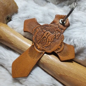 Leather Keychain Handmade Christian Cross Design Key Holder Fob Veg Tan Leather - Picture 1 of 11