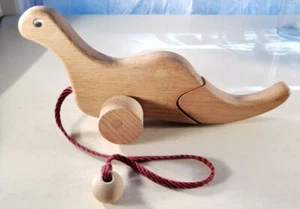 Pull Toy Dinosaur Toddler, Solid Oak, Wheeled, Moving Tail Googly Eyes - Picture 1 of 8