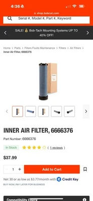 Bobcat Inner Air Filter BRAND NEW IN BOX #6666376 - Image 1 of 4