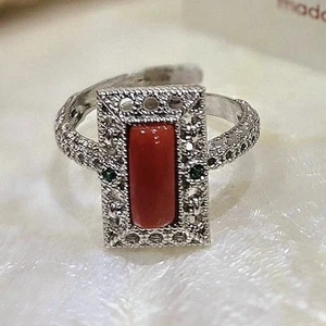 Anello corallo rosso naturale argento 925 placcato oro zirconi verdi donna - Foto 1 di 6