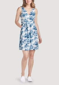 Eddie Bauer Travex Damen XL Stretch blau abstrakt Crossover Kleid V-Ausschnitt Neu mit Etikett - Bild 1 von 8