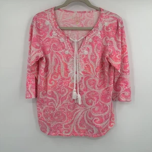 Lilly Pulitzer Shirt Womens Medium Pink Sloan Top Paisley Tassel Lace Boho - Picture 1 of 8