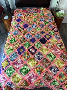 Vintage XL Granny Square Crocheted Afghan Blanket Roseann 86 X 86 Handmade - Picture 1 of 7