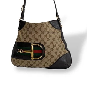 GUCCI Horse bit Leather GG Canvas Shoulder Hand Bag Purse Authentic ml - Bild 1 von 10