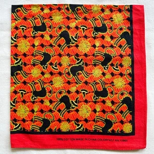 Vintage Bandana Cotton Red Orange Pumpkin~Black Cats Pattern Handkerchief 20" - Picture 1 of 3
