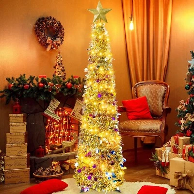 6FT Pop Up Christmas Tinsel Tree Artificial Xmas Pencil Trees 100 Lights Decor - Image 1 of 4