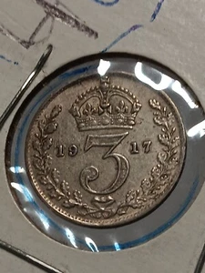 Great Britain 3 Pence 1917, Coin, Km# 813, George V, Oak Wreath, Xf Choice N/190 - Picture 1 of 2