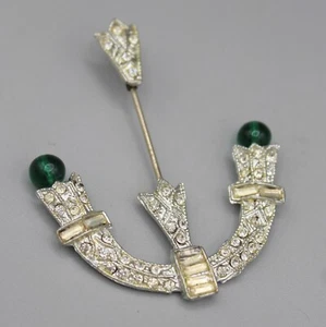 Vintage Art Deco Paste Rhinestone Hat Pin Brooch Silver Tone w/ Green Glass - Picture 1 of 7