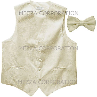 New Men's paisley formal Tuxedo Vest Waistcoat_Bowtie Ivory wedding party prom - Image 1 of 4