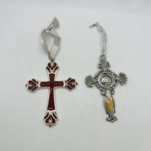 Set Of 2 Hanging Cross Ornaments Christmas Christian Holiday Decor - Picture 1 of 9