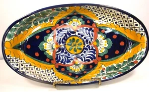 Mexican Talavera Folk Art Pottery Charola Oval GDE 17x10 Handpainted Lg Platter - Picture 1 of 12