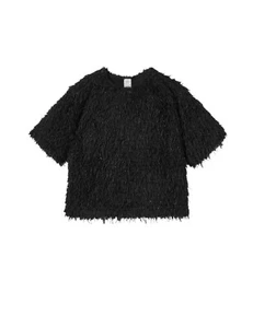 Zara Girl Black Fringing T shirt Style Top Stretch Shaggy Lace Cropped Size 9 - Picture 1 of 3