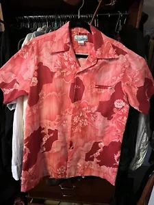 Vintage 1960s Pennys Red Hawaii Shirt Men’s Med Fabric Buttons Short Sleeve - Picture 1 of 10