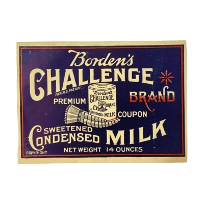 Borden’s Challenge Brand Condensed Milk Label c1900s 4x2¾ Premium Coupon Store - Image 1 of 4