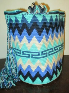 Bag Wayuu Mochila Bucket Boho Colombia Rioacha Blue Navy White Turquoise NEW #9 - Picture 1 of 8