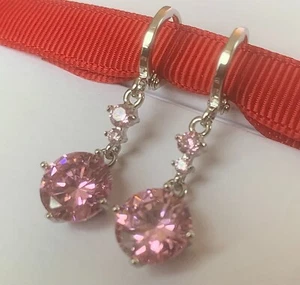 White Gold Filled Huggie Hoop Drop Dangle Earrings - Pink Sapphires CRUISE BOXED - Picture 1 of 6