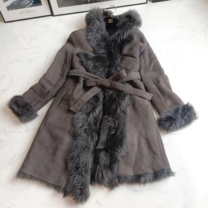 Sheepskin Mouton Coat Gray Greige Korean Made Mid Length Shearling Size S Jacket - Picture 1 of 24
