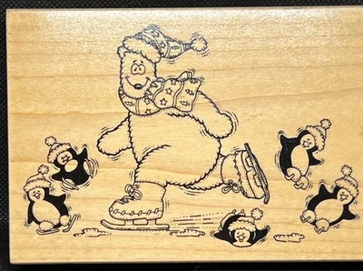 Oso polar pingüinos patinaje sobre hielo nieve diversión DARCIE'S madera sello de goma invierno Foto 1 de 4