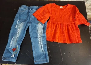 New Outfit Toddler Girls Sz 3t Jeans Pants Red Shirt Top Embroidered F - Picture 1 of 3