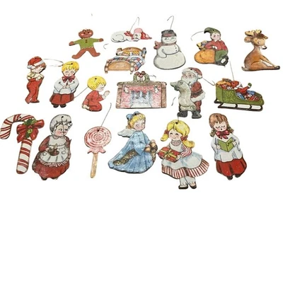 Vintage Christmas Ornaments 18 Wooden Die Cuts Double Sided Santa Angel Elf - Image 1 of 4