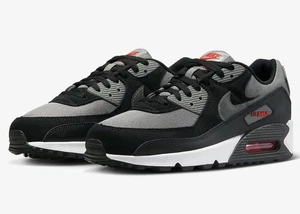 FD0664-001 Nike Air Max 90 Schwarz Pewter Red Herrenschuhe Turnschuhe Sneaker - Picture 1 of 6