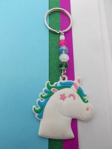 CUTE RUBBER UNICORN HEAD CHARM ON A CRYSTAL BEAD KEY RING - WH BLUE GREEN# 837 K - Picture 1 of 14