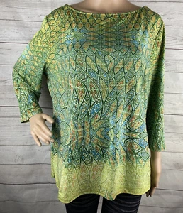 Peck & Peck Blouse XL Green Bohemian Floral Pattern 3/4 Sleeve Polyester Blend - Picture 1 of 12