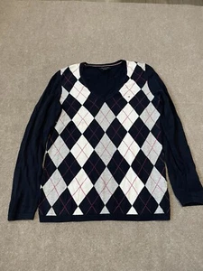 Tommy Hilfiger Sweater Womens Small Blue Diamonds Cotton V Neck Long Sleeve - Picture 1 of 9