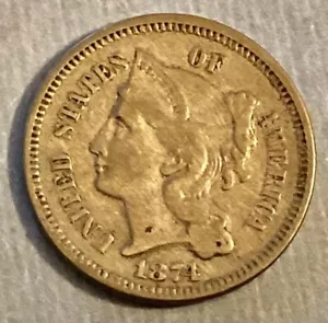 1874 Three Cents Nickel 3c cd - - Picture 1 of 2