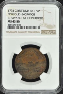 1793 G.B. D&H-46 NGC MS63BN 1/2P NORFOLK-NORWICH Conder Token - Picture 1 of 2