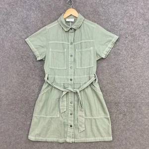 Cotton On Denim Dress Womens L Large Green Short Sleeve Belt Button 5203 - Picture 1 of 9