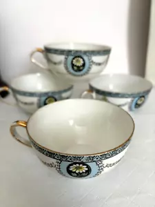 Noritake Fine China Tea Cups Gold Rim Art Deco Japan Rare Pattern Vintage Blue - Picture 1 of 12