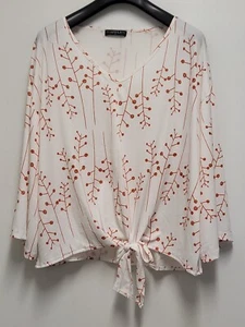 Bon Apple Tea Womens Top 2X Plus Stretch Cherry Print Tie Up Hem 3/4 Sleeve - Picture 1 of 14