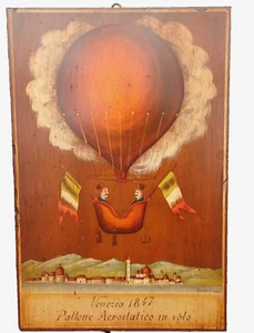 B. D'ARTE F. CONZ-PALLONE AEROSTATICO VENEZIA 1847  - QUADRO SU LEGNO - CM 45X30 - Imagen 1 de 3