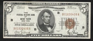 ⭐⭐ 1929 $5 NEW YORK FRBN FEDERAL RESERVE BANK NOTE Fr 1850-B 30408 - Picture 1 of 2