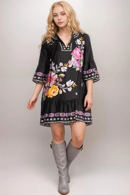 Mini Vestido Floral Johnny Was Jade Negro Hailee L36325-1 Foto 1 de 4