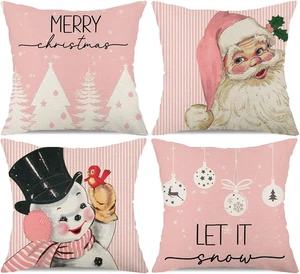 Christmas Decorations Pillow Covers 18X18 Set of 4 Pink Stripes Santa Snowman - Picture 1 of 12