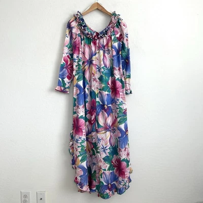 Vestido Hawaiano Pomare De Colección 8 Bolsillos Midi Volantes Tropical Floral Colorido Foto 1 de 4