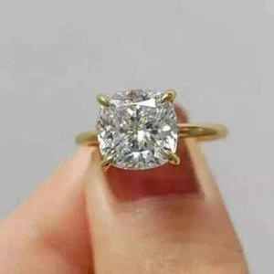 14K Gold Finish 3.00Ct Cushion Cut Lab Created Engagement Solitaire Ring - Picture 1 of 4