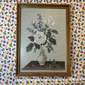 Vintage Floral Needlepoint Framed 16" x 24” LARGE Needlework HANDMADE - Picture 1 of 4